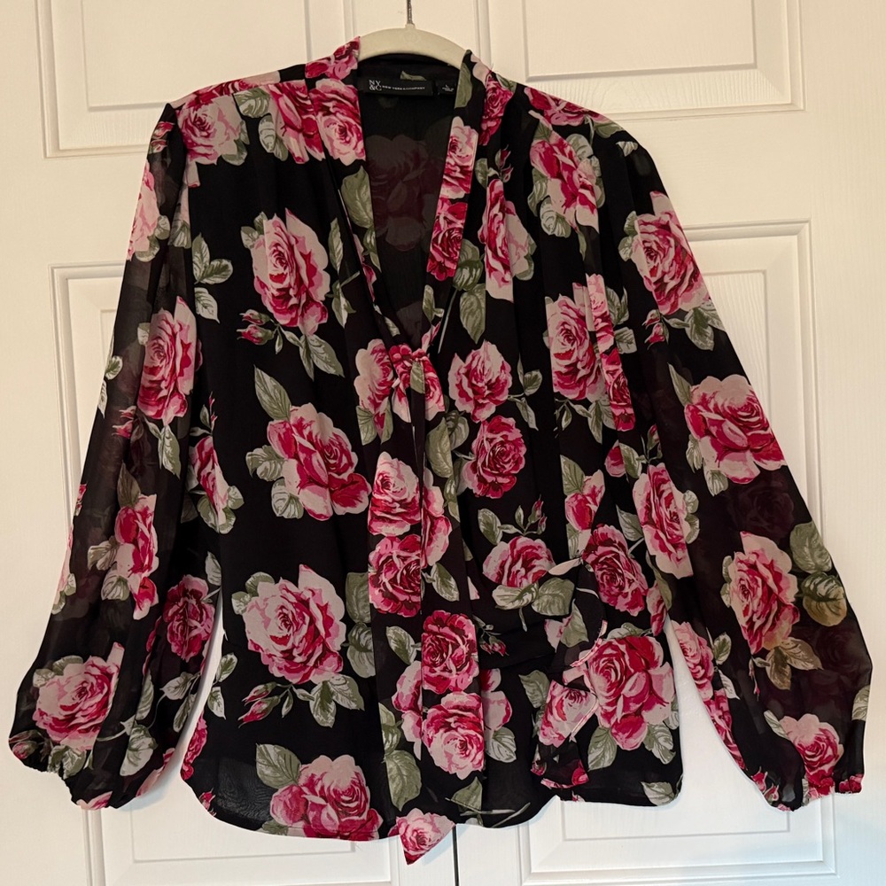 NY & Co. Black and Pink Floral Blouse with Sheer Long Sleeves, Size L